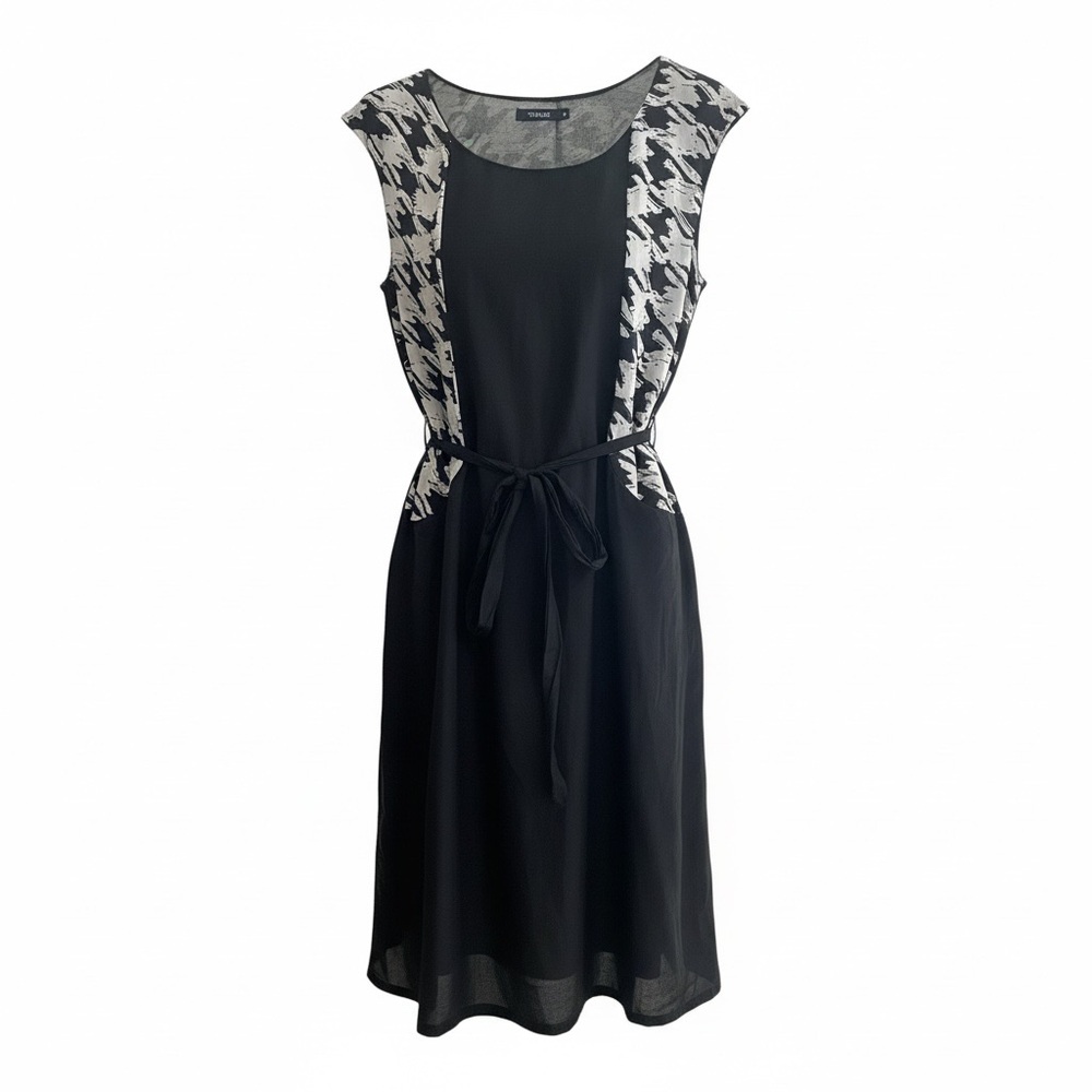 THEME Black Dress with Houndstooth Side Panels and Tie Waist - Size M